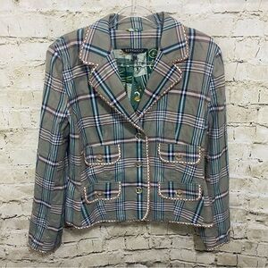 Bernardo Green Plaid Bicycle Print Lace Blazer Jacket
